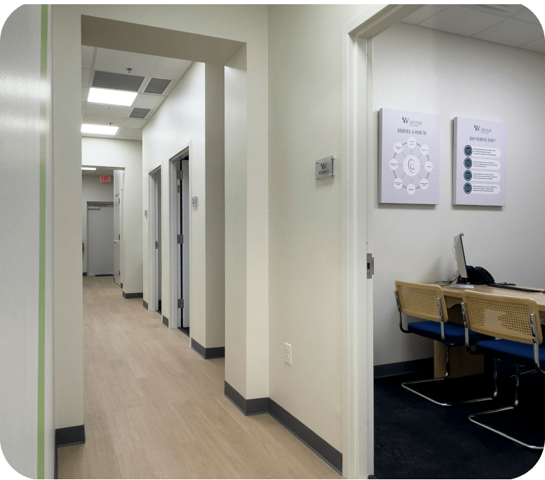 http://Hallway%20in%20an%20Austin%20audiologist's%20office%20with%20patient%20information%20posters%20on%20the%20wall.